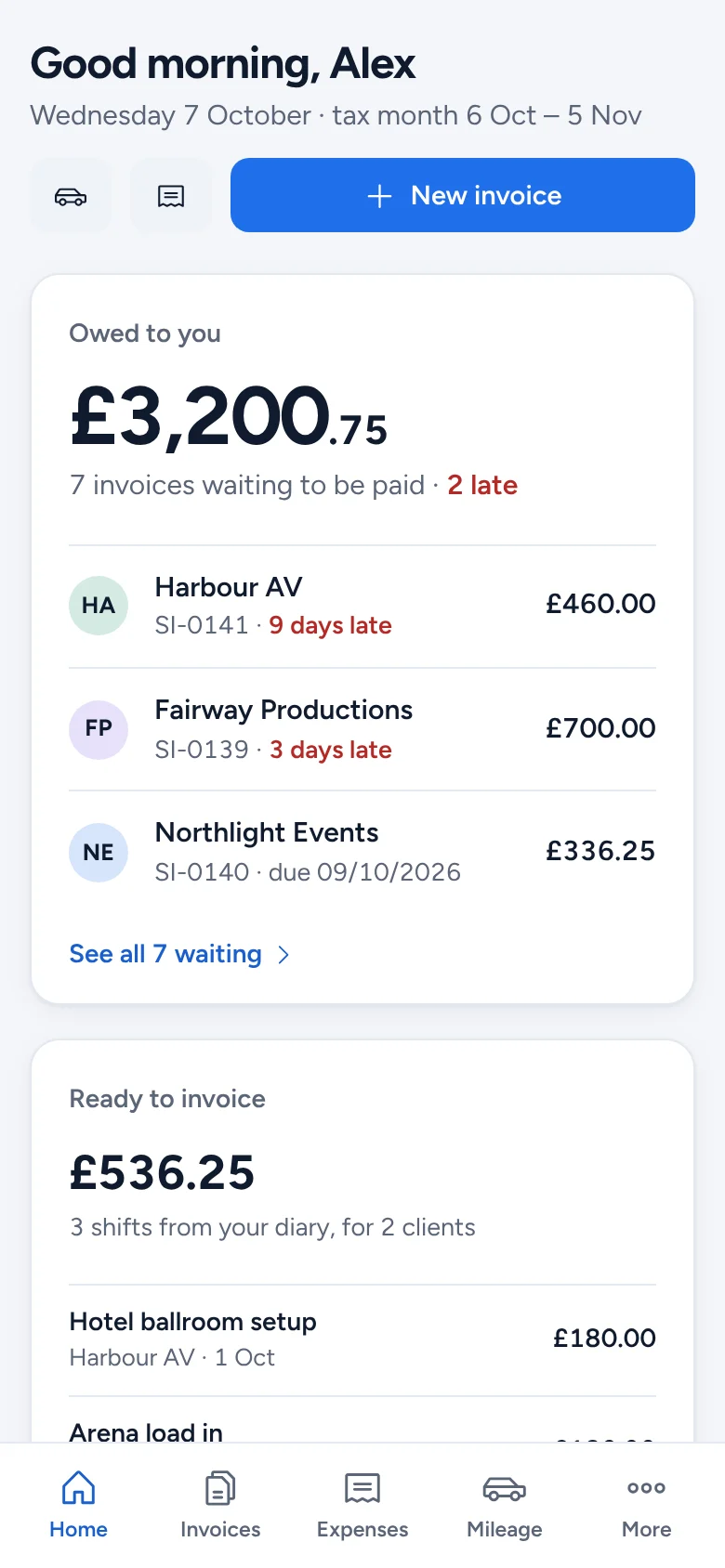 TheDayRate’s Home screen on a phone: £3,200.75 owed to you, two invoices late, and £536.25 of shifts ready to invoice.